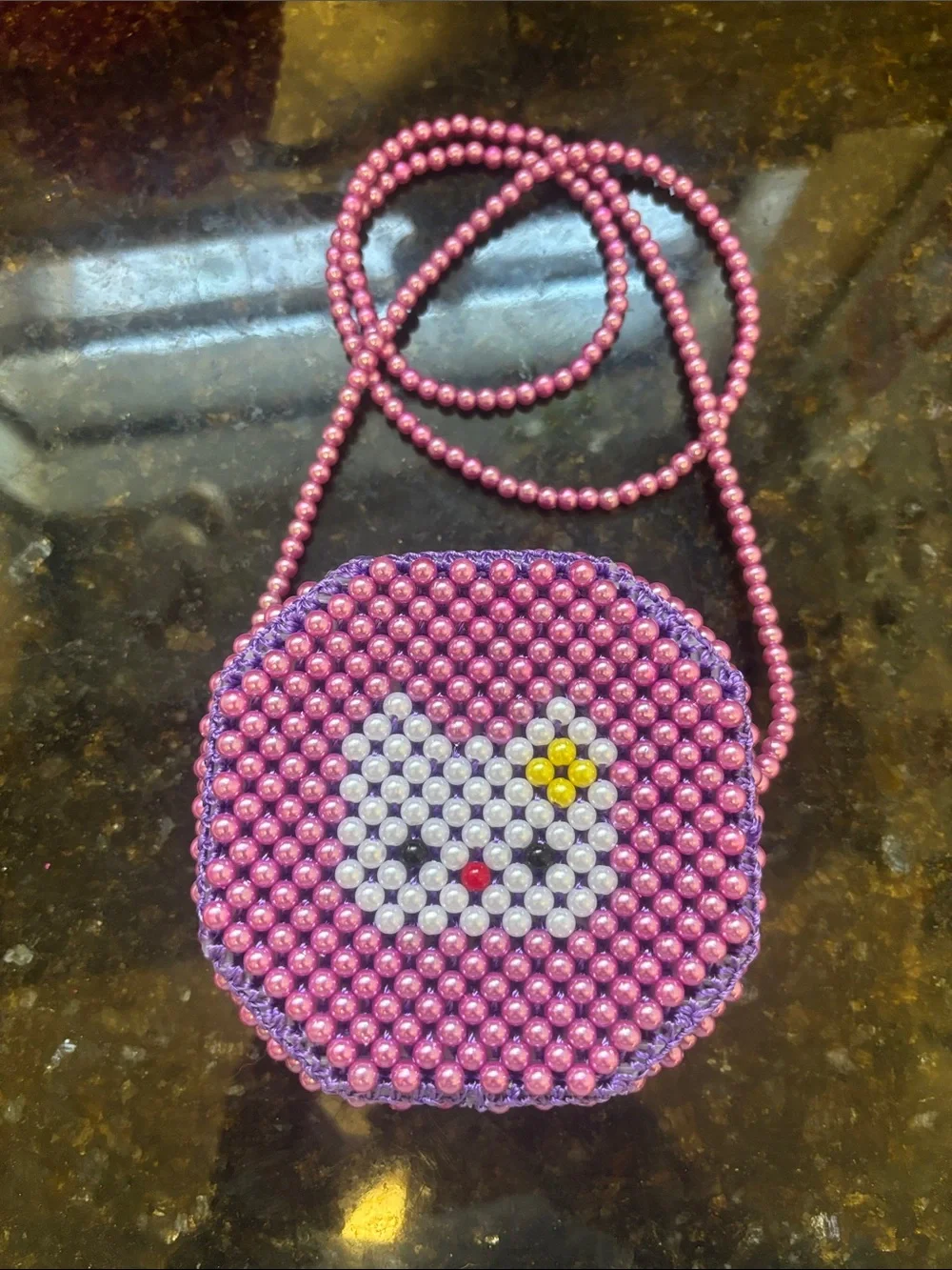 Hand Crafted Purple Beaded Kids Crossbody Bag with White Cat and Yellow Flower